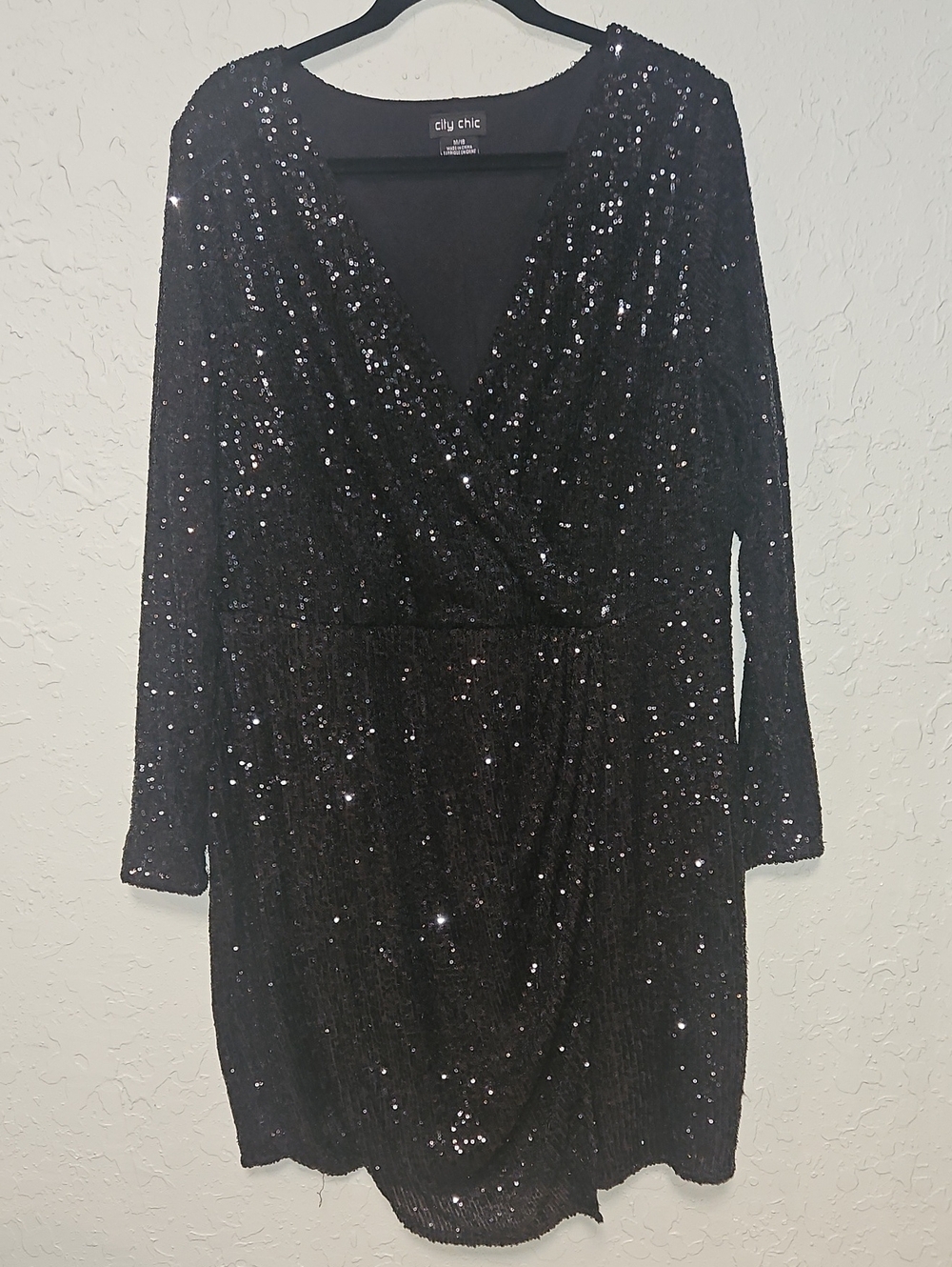 City Chic Black Sequin Sleeved Wrap Dress